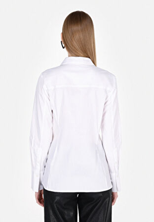 Slim Fit Shirt Neck Düz Kadın Beyaz Uzun Kol Gömlek
