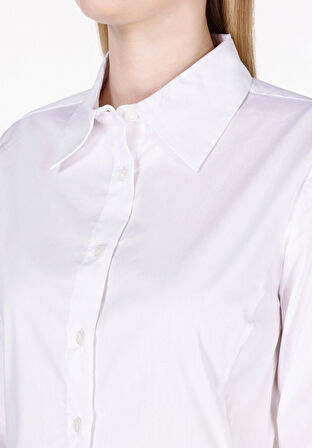Slim Fit Shirt Neck Düz Kadın Beyaz Uzun Kol Gömlek