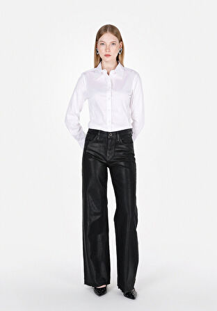 Slim Fit Shirt Neck Düz Kadın Beyaz Uzun Kol Gömlek