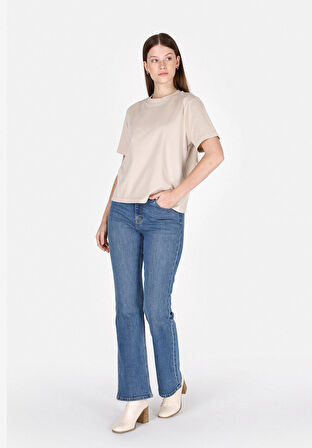 Regular Fit Yuvarlak Yaka Düz Kadın Bej Kısa Kol Tişört Cl1073445