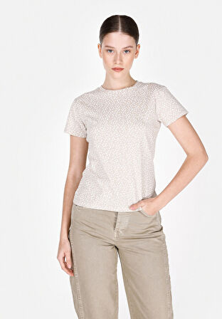 Slim Fit Yuvarlak Yaka Baskılı Kadın Bej Kısa Kol Tişört