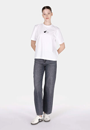 Regular Fit Yuvarlak Yaka Baskılı Kadın Beyaz Kısa Kol Tişört Cl1073455
