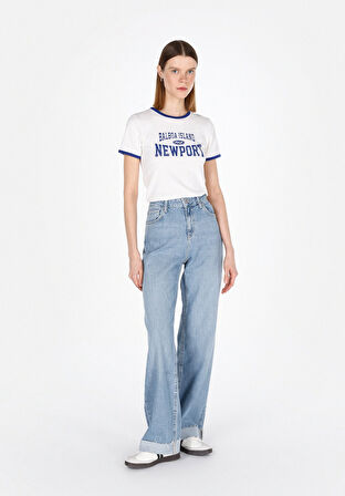 Slim Fit Yuvarlak Yaka Baskılı Kadın Beyaz Kısa Kol Tişört Cl1073471