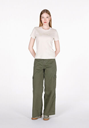 Slim Fit Yuvarlak Yaka Baskılı Kadın Ekru Kısa Kol Tişört Cl1073472