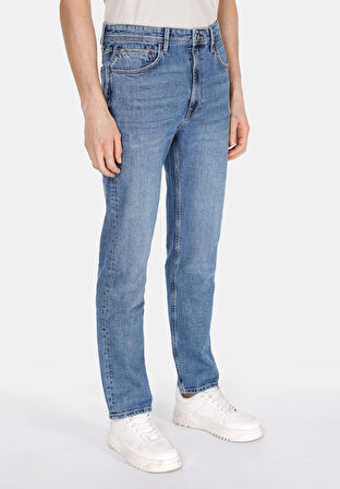 Slim Straight Fit Orta Bel Düz Paça Erkek Mavi Jean Pantolon