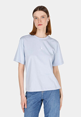 Regular Fit Yuvarlak Yaka Baskılı Kadın Mavi Kısa Kol Tişört Cl1073554