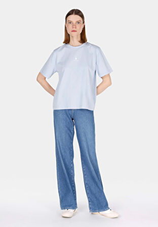 Regular Fit Yuvarlak Yaka Baskılı Kadın Mavi Kısa Kol Tişört Cl1073554