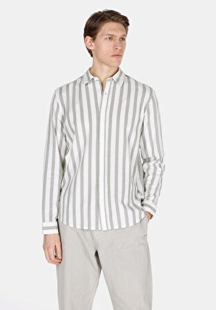 Regular Fit Shirt Neck Çizgili Erkek Yeşil Uzun Kol Gömlek Cl1073562