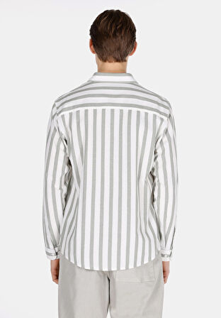 Regular Fit Shirt Neck Çizgili Erkek Yeşil Uzun Kol Gömlek Cl1073562