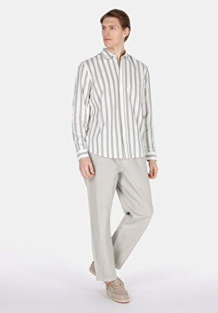 Regular Fit Shirt Neck Çizgili Erkek Yeşil Uzun Kol Gömlek Cl1073562