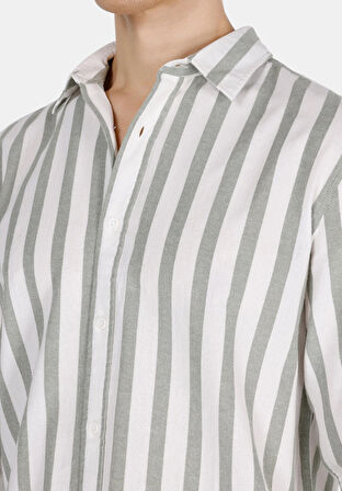 Regular Fit Shirt Neck Çizgili Erkek Yeşil Uzun Kol Gömlek Cl1073562