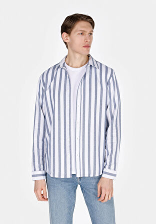 Regular Fit Shirt Neck Çizgili Erkek Mavi Uzun Kol Gömlek Cl1073562