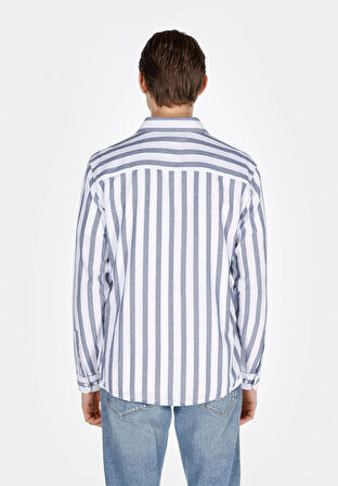 Regular Fit Shirt Neck Çizgili Erkek Mavi Uzun Kol Gömlek Cl1073562