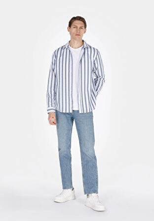 Regular Fit Shirt Neck Çizgili Erkek Mavi Uzun Kol Gömlek Cl1073562