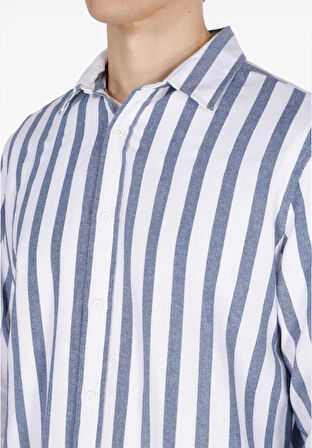 Regular Fit Shirt Neck Çizgili Erkek Mavi Uzun Kol Gömlek Cl1073562