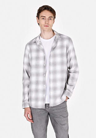Regular Fit Shirt Neck Ekoseli Erkek Gri Uzun Kol Gömlek Cl1073577
