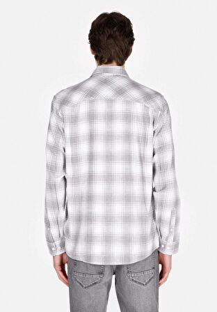 Regular Fit Shirt Neck Ekoseli Erkek Gri Uzun Kol Gömlek Cl1073577