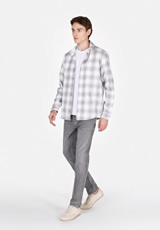 Regular Fit Shirt Neck Ekoseli Erkek Gri Uzun Kol Gömlek Cl1073577