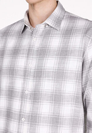 Regular Fit Shirt Neck Ekoseli Erkek Gri Uzun Kol Gömlek Cl1073577