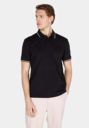 Regular Fit Polo Yaka Jakarlı Erkek Siyah Kısa Kol Tişört