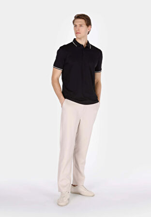 Regular Fit Polo Yaka Jakarlı Erkek Siyah Kısa Kol Tişört
