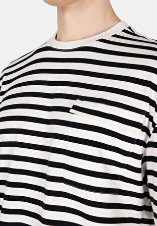Oversize Fit Yuvarlak Yaka Çizgili Erkek Siyah Kısa Kol Tişört Cl1073636