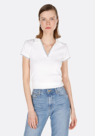 Slim Fit Polo Yaka Düz Kadın Beyaz Kısa Kol Tişört Cl1073698