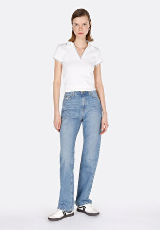 Slim Fit Polo Yaka Düz Kadın Beyaz Kısa Kol Tişört Cl1073698