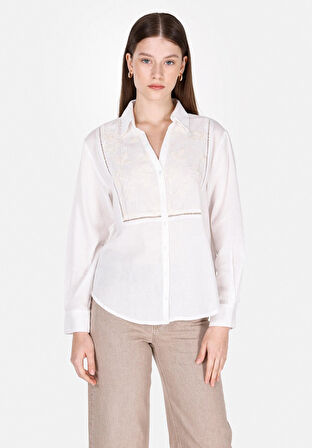 Regular Fit Shirt Neck Düz Kadın Beyaz Uzun Kol Gömlek
