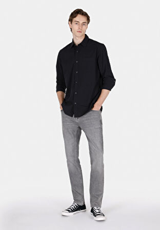 Regular Fit Shirt Neck Düz Erkek Siyah Uzun Kol Gömlek Cl1073761