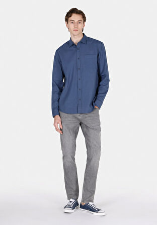 Regular Fit Shirt Neck Düz Erkek Lacivert Uzun Kol Gömlek Cl1073762