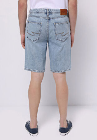 Regular Fit Orta Bel Düz Erkek İndigo Jean Şort