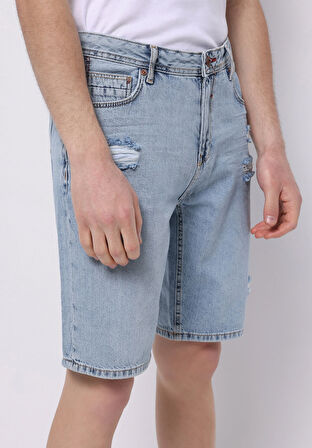 Regular Fit Orta Bel Düz Erkek İndigo Jean Şort