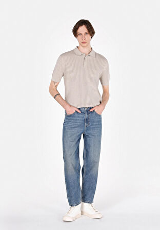 Baggy Fit Orta Bel Bol Paça Erkek Mavi Jean Pantolon