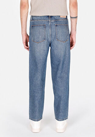 Baggy Fit Orta Bel Bol Paça Erkek Mavi Jean Pantolon