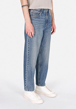 Baggy Fit Orta Bel Bol Paça Erkek Mavi Jean Pantolon