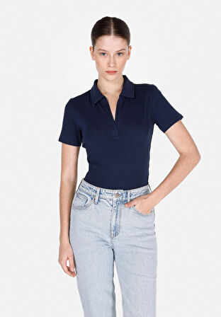 Slim Fit Polo Yaka Düz Kadın Lacivert Kısa Kol Tişört Cl1073834