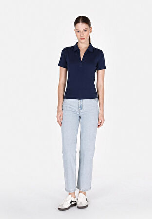 Slim Fit Polo Yaka Düz Kadın Lacivert Kısa Kol Tişört Cl1073834