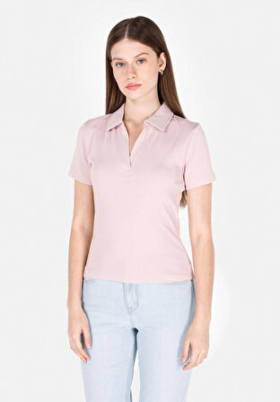 Slim Fit Polo Yaka Düz Kadın Pembe Kısa Kol Tişört Cl1073834