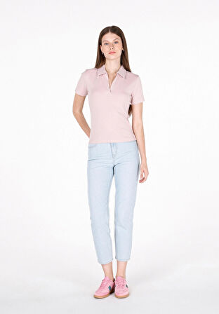 Slim Fit Polo Yaka Düz Kadın Pembe Kısa Kol Tişört Cl1073834