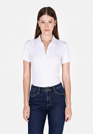 Slim Fit Polo Yaka Düz Kadın Beyaz Kısa Kol Tişört Cl1073834