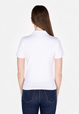 Slim Fit Polo Yaka Düz Kadın Beyaz Kısa Kol Tişört Cl1073834