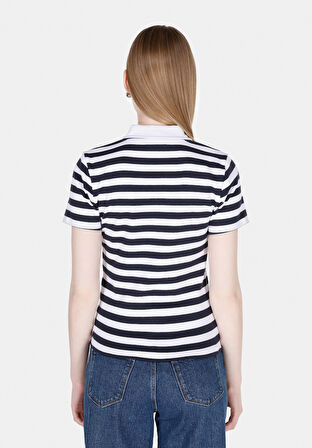Slim Fit Polo Yaka Çizgili Kadın Beyaz Kısa Kol Tişört Cl1073835