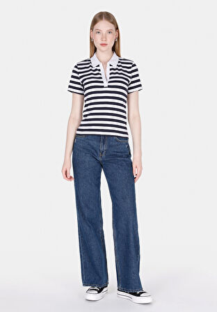Slim Fit Polo Yaka Çizgili Kadın Beyaz Kısa Kol Tişört Cl1073835