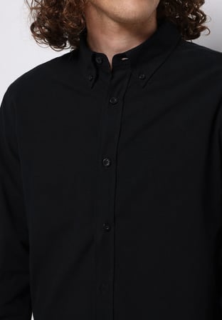 Regular Fit Shirt Neck Düz Erkek Siyah Uzun Kol Gömlek