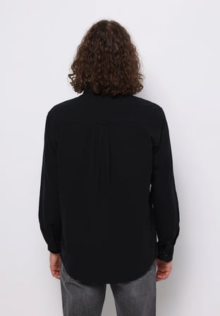 Regular Fit Shirt Neck Düz Erkek Siyah Uzun Kol Gömlek