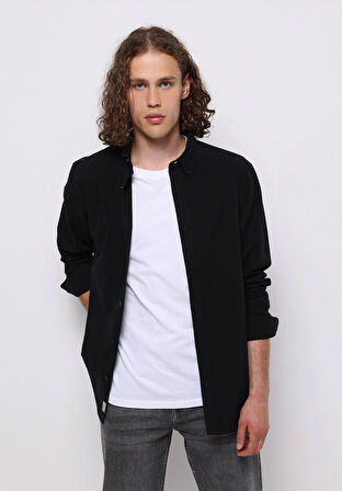 Regular Fit Shirt Neck Düz Erkek Siyah Uzun Kol Gömlek