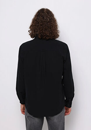 Regular Fit Shirt Neck Düz Erkek Siyah Uzun Kol Gömlek