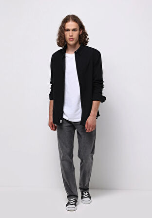 Regular Fit Shirt Neck Düz Erkek Siyah Uzun Kol Gömlek