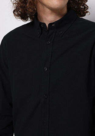 Regular Fit Shirt Neck Düz Erkek Siyah Uzun Kol Gömlek